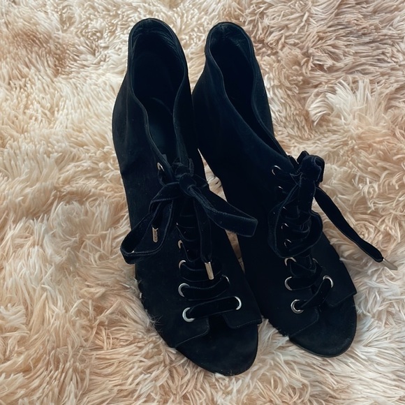 JIMMY CHOO | Mavy Velvet 85mm Bootie | Lace up Peep Toe Stilettos | Black | 36.5 - Picture 4 of 9